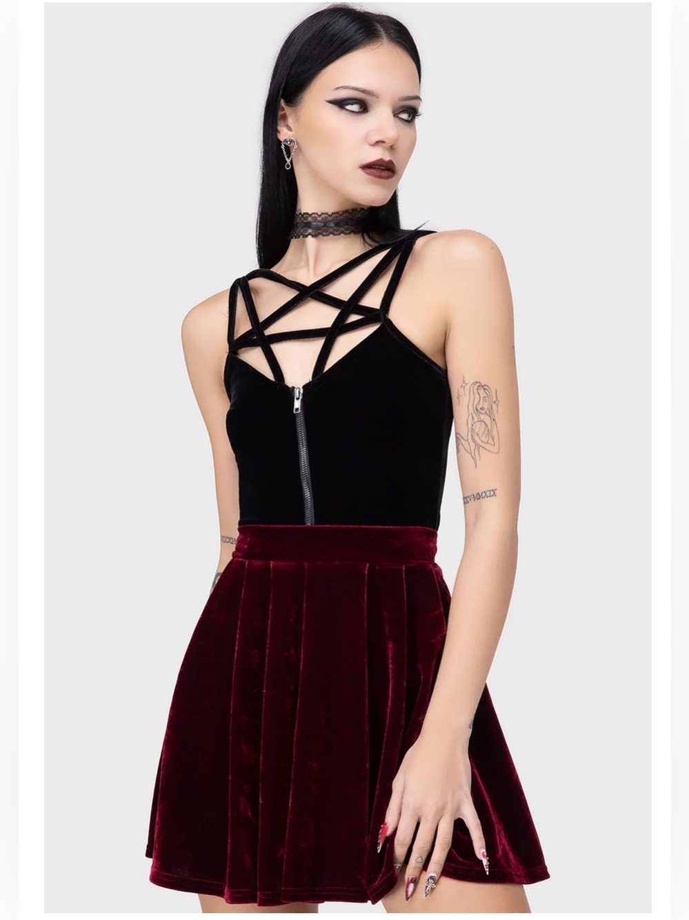 Killstar Burgundy Velvet Pleated Mini Skirt